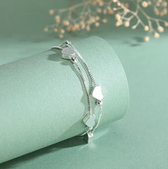 Sterling Silver 925 Heart Charm Double Layer Bracelet
