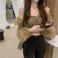 Chic Off-Shoulder Lace Long Sleeve Crop Top x2627