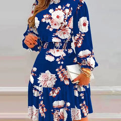 Women's Floral Print Dress with Pile Collar Design
