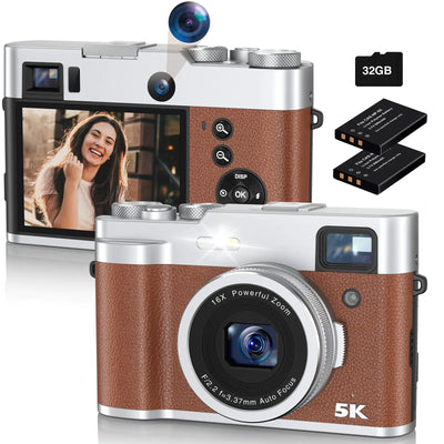 5K Digital Camera for Photography 48MP Selfie Camera with Front and Rear Dual Lens 16X Digital Zoom Compact Point and Shoot Cameras with Viewfinder Vlogging Camera with 32G Card & 2 Batteries