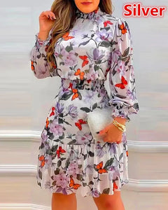 Women's Floral Print Dress with Pile Collar Design