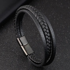 Double Layer Titanium Steel Men's Leather Bracelet