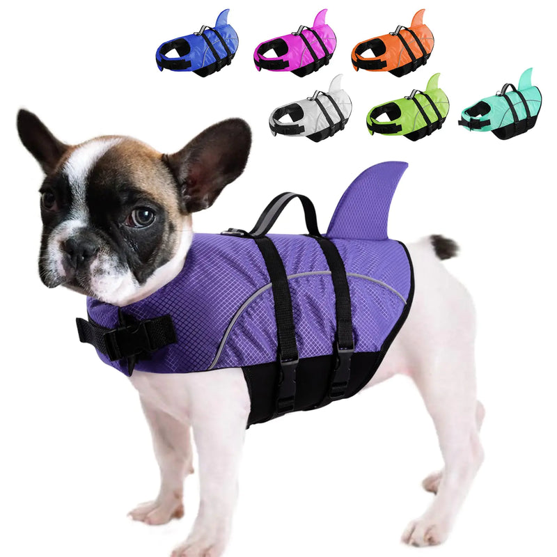 Queenmore Small Dog Shark Life JacketDog Life Vest for Swimming Boating KayakingHigh Buoyancy Puppy Dog Life PreserverReflective Light Dog Lifesaver with Strong Rescue Handle (PurpleXS)