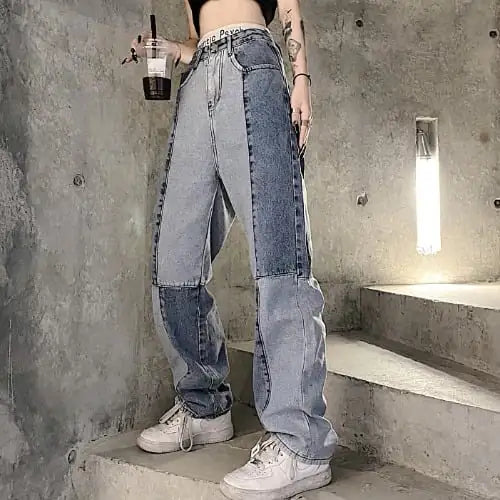 Harajuku Style Retro Colorblock High Waist Jeans for Women