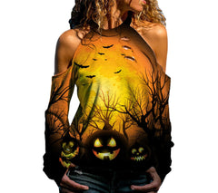 Halloween Off Shoulder Printed Long Sleeve Top for Women