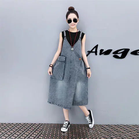 Plus Size Artistic Loose Denim Jumpsuit Dress for Spring
