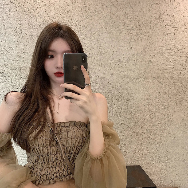 Chic Off-Shoulder Lace Long Sleeve Crop Top x2627