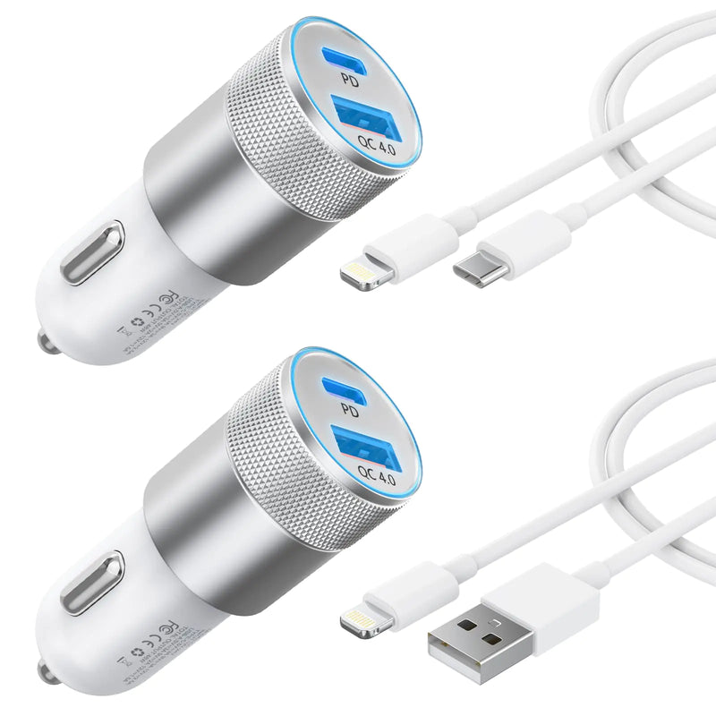 Car Charger [Apple MFi Certified] 48W Cigarette Lighter iPhone Car Charger Fast Charging with USB-A and USB-C to Lightning Cable for Carplay Car Accessories for iPhone/iPad/Airpods and More