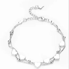 Sterling Silver 925 Heart Charm Double Layer Bracelet
