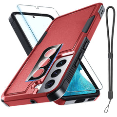 for Samsung Galaxy S22 Case Full Body Heavy Duty Rugged Shockproof Protective Phone Cover with Lanyard Strap Tempered Glass Screen Protector and Camera Lens Cover Red