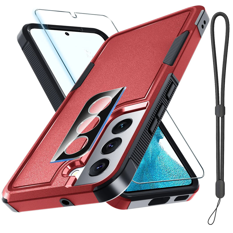 for Samsung Galaxy S22 Case Full Body Heavy Duty Rugged Shockproof Protective Phone Cover with Lanyard Strap Tempered Glass Screen Protector and Camera Lens Cover Red