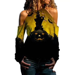 Halloween Off Shoulder Printed Long Sleeve Top for Women
