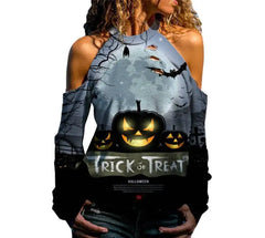 Halloween Off Shoulder Printed Long Sleeve Top for Women