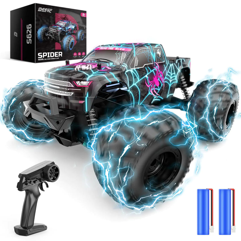 DEERC 1/16 Glowing Spider Remote Control Car - Fast RC Cars W/2 Rechargeable Batteries for 30 Min Play All Terrain Off-Road Monster Truck Toys for Boys Kids Age 4-7 8-12 Birthday Xmas Gift