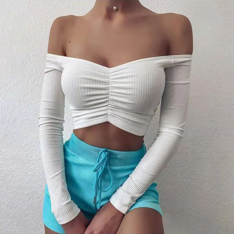 Sweet Solid Color Long Sleeve Off-Shoulder Top for Women