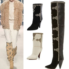 "Studded Wedge Heel Pointed Toe Over-the-Knee Boots"