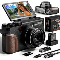 Digital Camera 64MP Cameras for Photography 5K Vlogging Camera for YouTube 180°Flip Screen Digital Point and Shoot Camera with 18X Zoom Compact Camera for Beginner with 32GB SD Card(2 Batteries)