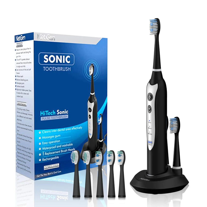 Sonic Electric Toothbrush for Adults with 5 Toothbrush Replacement Heads 3 Brushing Modes & 2 Minutes Built-in Timer Travel Toothbrushes with Inductive Charging Rechargeable toothbrush | Black