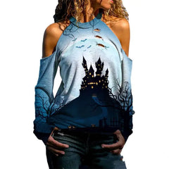 Halloween Off Shoulder Printed Long Sleeve Top for Women