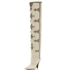"Studded Wedge Heel Pointed Toe Over-the-Knee Boots"