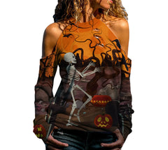 Halloween Off Shoulder Printed Long Sleeve Top for Women
