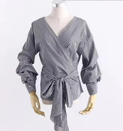 Long Sleeve Checkered Off-Shoulder Bow Top for Women