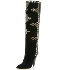 "Studded Wedge Heel Pointed Toe Over-the-Knee Boots"