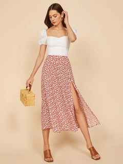 Women's High Waist Polka Dot A-Line Split Skirt