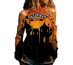 Halloween Off Shoulder Printed Long Sleeve Top for Women