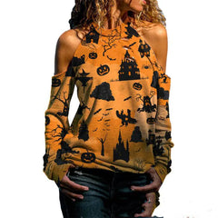 Halloween Off Shoulder Printed Long Sleeve Top for Women
