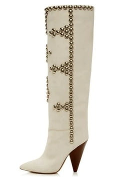 "Studded Wedge Heel Pointed Toe Over-the-Knee Boots"