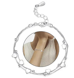 Sterling Silver 925 Heart Charm Double Layer Bracelet