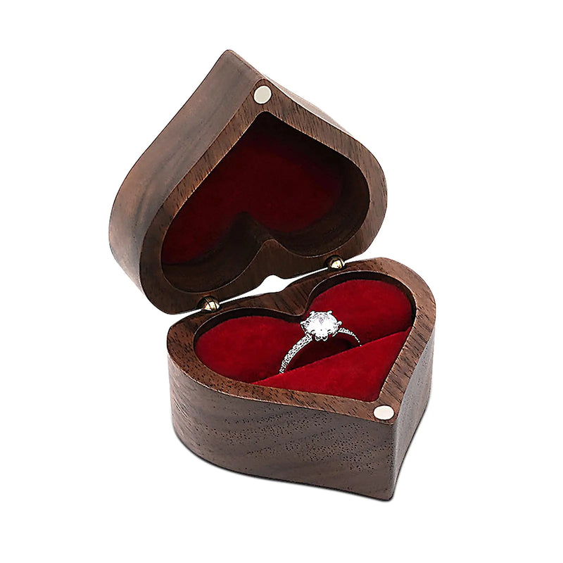 WisePoint Heart-shaped Ring Box Wooden Ring Jewelry Box with Single Slot Romantic Wedding Ring Holder for Rings Earrings Engagement Ring Box for Proposal Anniversary (red)