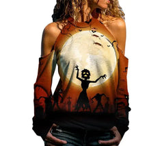 Halloween Off Shoulder Printed Long Sleeve Top for Women