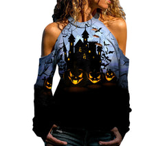 Halloween Off Shoulder Printed Long Sleeve Top for Women