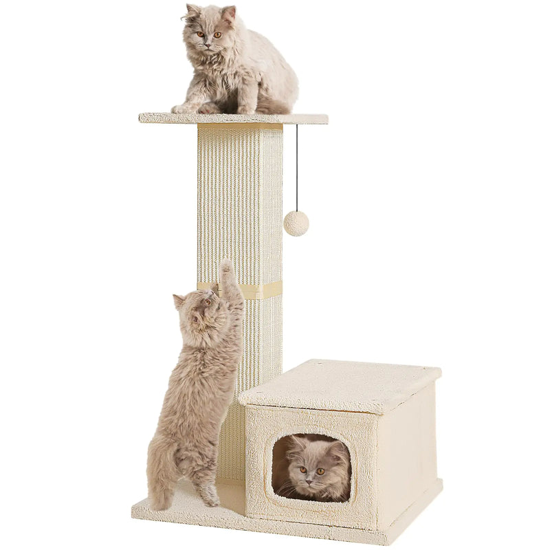 Small Cat Tree 31 Inches Tall Cat Scratching Post with Perch & Condo Natural Woven Sisal Cat Post Sctacher Kitten Scratching Posts for Indoor Cats Cat Scratch Tower with Fluffy Ball Beige
