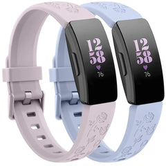 2 Pack Rose Butterfly Engraved Bands for Fitbit Inspire HR Bands/Fitbit Inspire Bandfor Women Soft Elegant Floral Pattern Band Compatible with Fitbit Inspire HR Taro Purple/Light Blue