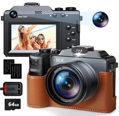 4K Digital Camera Autofocus 64MP Vlogging Camera for YouTube with 3.0" Screen Dual Cameras Flash 18X Digital Zoom Compact Travel Camera with 64GB SD Card 2 Batteries for Photography Beginner