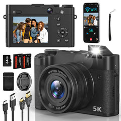 5K Digital Camera WiFi Cameras for Photography & Video Autofocus Vlogging Camera for YouTube 10X Optical Digital Zoom 64MP Travel Digital Camera with 64GB Card 2 Batteries