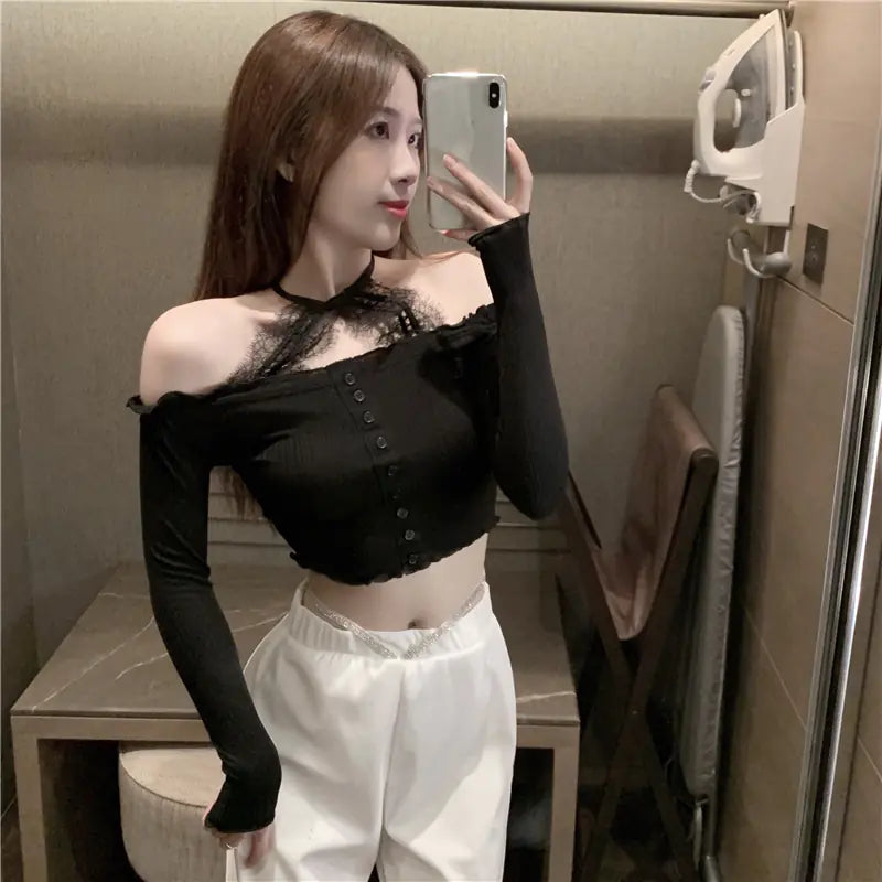 Lace Trim Off-Shoulder Long Sleeve Top for Women