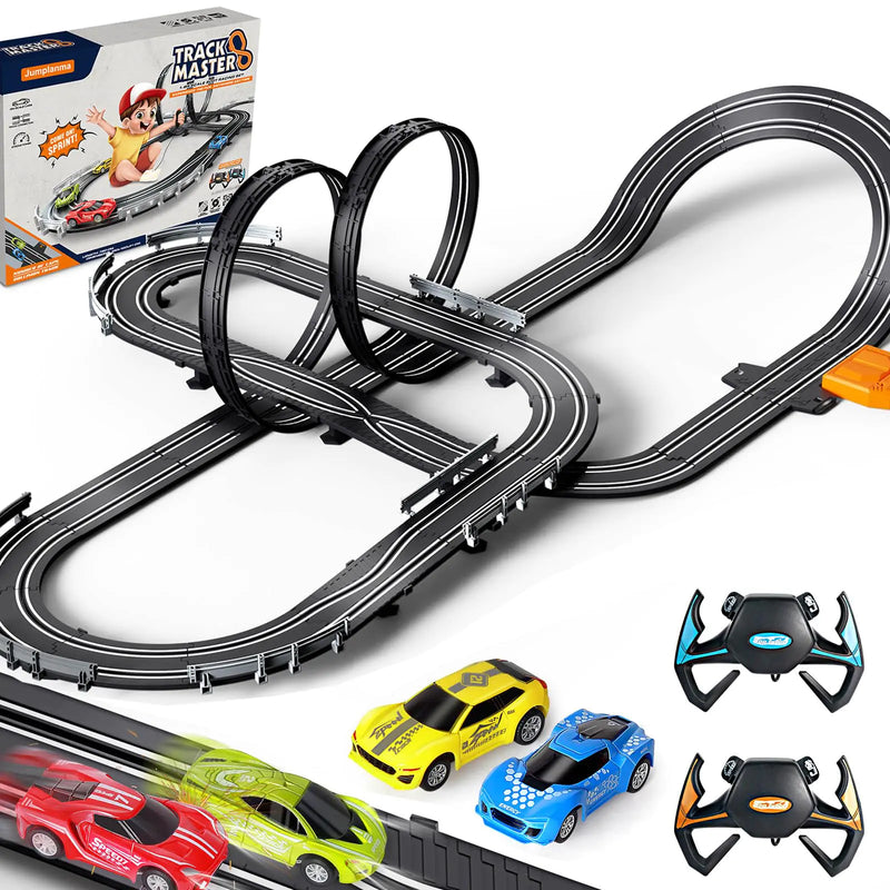 Slot Car Race Track Sets for Boys KidsBattery or Electric Race Car Track with 4 High-Speed Slot Cars and 2 Hand ControllersDual Racing Game Lap Counter Circular Overpass Track Toys Age 6 7 8-12