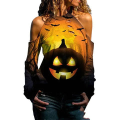 Halloween Off Shoulder Printed Long Sleeve Top for Women