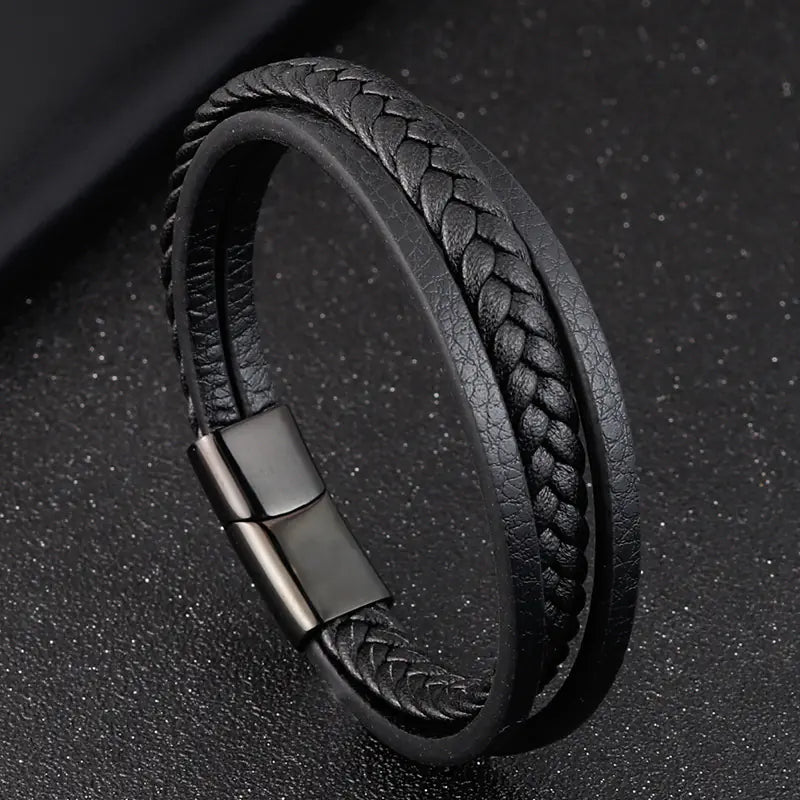 Double Layer Titanium Steel Men's Leather Bracelet