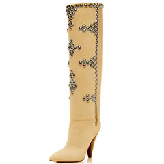 "Studded Wedge Heel Pointed Toe Over-the-Knee Boots"
