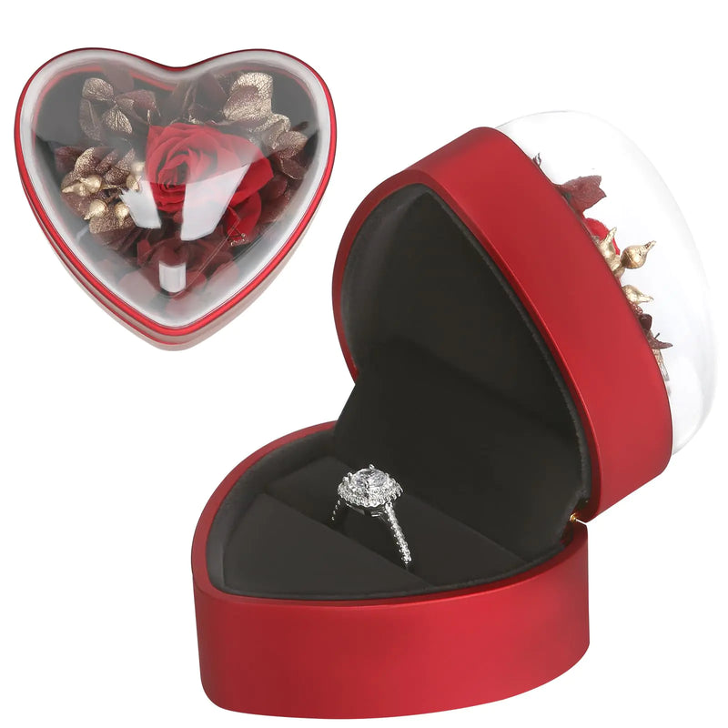 LETURE Creative Heart Shaped Ring Gift Box with Flower Velvet Earrings Jewelry Case Jewellry Display Box for Wedding Engagement Proposal Birthday and Anniversary (Red)