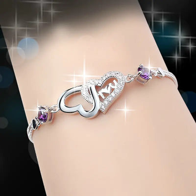 925 Silver Crystal Double Heart Bracelet