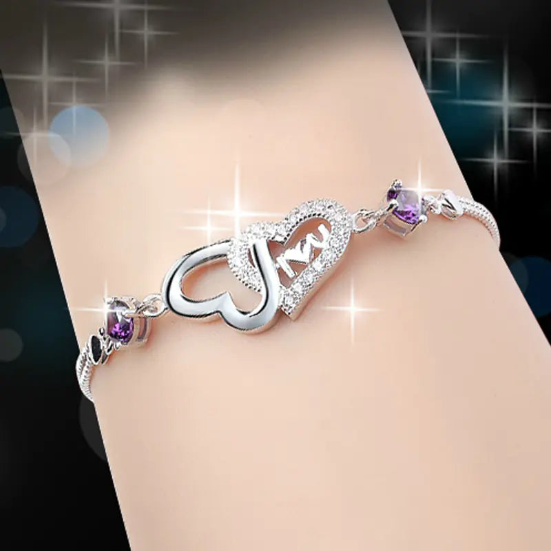 925 Silver Crystal Double Heart Bracelet
