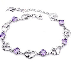 925 Silver Double Heart Amethyst Women's Bracelet