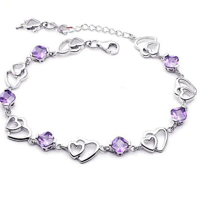 925 Silver Double Heart Amethyst Women's Bracelet